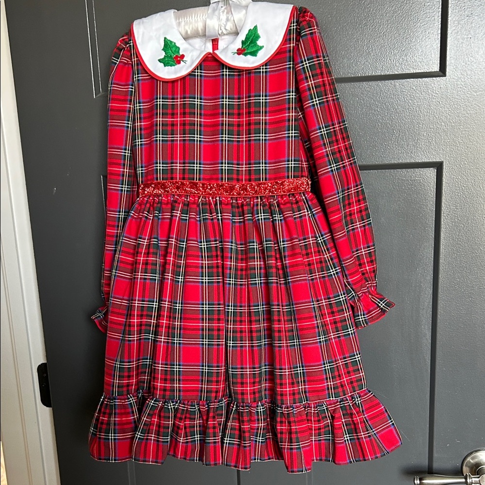 Girls Red Plaid Holiday Dress with Holly Collar